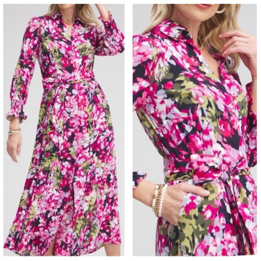 NWT Chicos Pink Floral Maxi Shirt Dress US 14 Georgette Cottagecore vacation